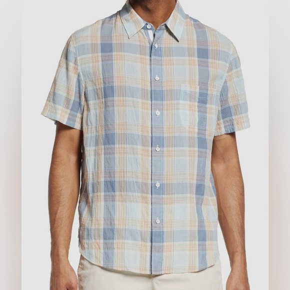 Rag & Bone Blue Beige Gus Button Down Shirt Short Sleeve size Large - Picture 1 of 11